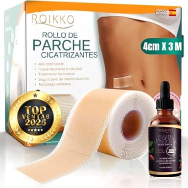 SUPER PACK ROIKKO® De Parches Cicatrizantes 4CM x 3M + Rosa Mosqueta Para Cicatrices PREMIUM | Tiritas Cicatrizantes | Silicone Scar Sheets | Parches Silicona Cicatrices | Parches Cicatrices Sol
