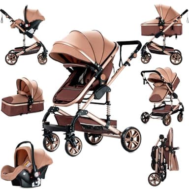 Prokoke Carrito Bebe 3 en 1, Carrito Bebe con Empuje Reversible de Dos Vías, Carro 3 Piezas con Estructura de Aleación Aluminio, Cochecito Tres Piezas Para Recién Nacidos (739 Beige)