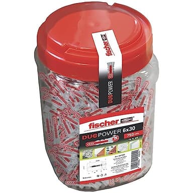 fischer - Tacos fischer Duopower 6x30 para Hormigón, Compatible con Placas de Yeso PLADUR®, Ladrillo o Piedra. Sirve para Colgar Muebles de Televisión, Estanterías, Cuadros, Armarios, etc. (750 uds)