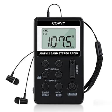 COVVY Radio Pequeña Portatil, Mini Radio de Bolsillo Pocket Am/FM 2 Bandas de Radio Estéreo DSP Digital Tuning Receptor con Pantalla LCD USB Recargable y Auricular para Caminar