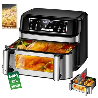 Freidora de Aire Caliente de 2 Cámaras | 12L Airfrey Ajustable una dos Cámaras con Libro de Recetas, Control Independiente Freidora de Aire Caliente de Doble Cámara, Air Frey XXL Temperatura Max 200°C