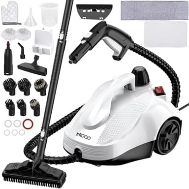 KROQO Limpiador a vapor, limpiador a vapor para limpiar una gran variedad de superficies, limpiador a vapor con 23 accesorios, cable de alimentación de 5 m, para hornos, alfombras, tapicerías, blanco