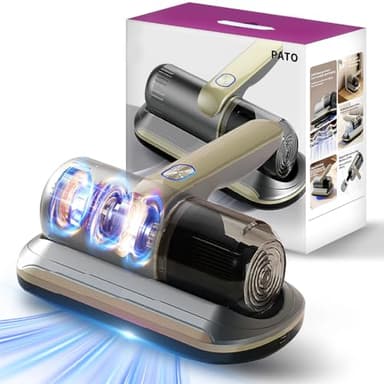 PATO Aspiradora de colchón, aspiradora de cama inalámbrica de mano con luz UV-C, filtro HEPA y vibración ultrasónica, 12 KPa, adecuada para camas, sofás, asientos de coche, alfombras (dorado)