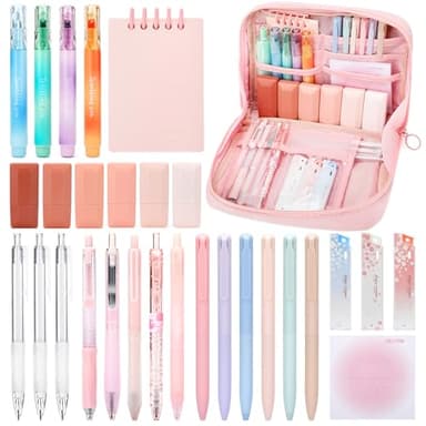 ESSALOO 30 Piezas Material Escolar Estético y Papeleria Aesthetic Con Estuche, 11 Boligrafos Gel, 4 Subrayadores, 3 Portaminas, Regalo Niña 6 7 8 9 10 11 12 Años, Rosa