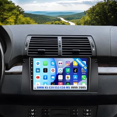 Radio de radio doble DIN para BMW X5 E39 E53 E38 M5 1999-2005 con Mirrorlink, Reproductor multimedia de 9 pulgadas Touch screen con Bluetooth WiFi GPS FM/RDS USB Control del Volante+Cámara de marcha