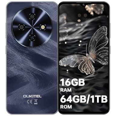 OUKITEL C5 Telefonos Moviles Libres 2025-16GB RAM+64GB ROM/TF 1TB Telefono Movil, Batería 5000mAh, 6.52" HD Pantalla Android 14 Smartphone, Cámara 13MP, 4G Dual SIM/Face ID/OTG/3.5mm Jack/GPS, Negro