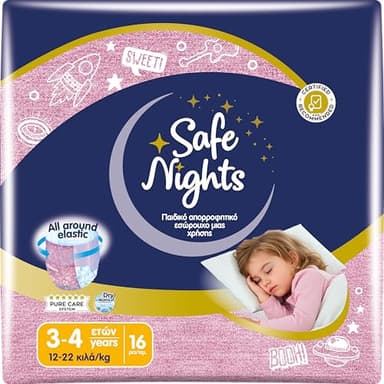 Babylino Safe Nights Girl, Braguita de noche absorbente para niñas de 3-4 años (12-22 kg), 16 unidades