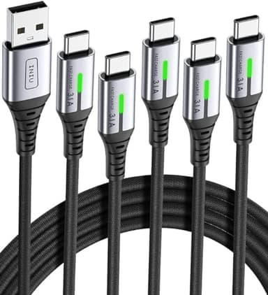 INIU Cable USB C Carga Rapida 3,1A, [5 Pack, 2+2+1+1+0.5m] QC3,0 Cable USB A USB C, Cable Tipo C Trenzado de Nilón para iPhone 17 16 Pro Max Samsung S25 S24 Note 10 9 Huawei Xiaomi etc.