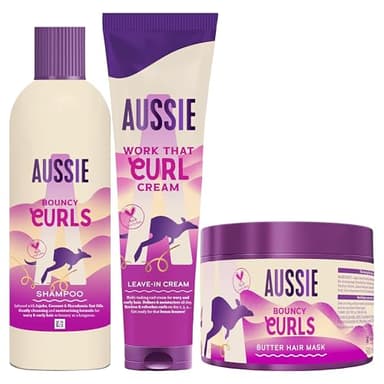 Aussie Bouncy Curls Champú 300ml + Mascarilla 500ml + Crema 160ml. Hidrata el Pelo. Con Aceites de Jojoba, Coco y Macadamia. Sin Siliconas