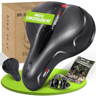 SPGOOD Sillín de bicicleta, cómodo y suave, espuma viscoelástica, ergonómico, amortiguador, transpirable, resistente al agua, con cubierta y abultamiento, para bicicleta de carretera, ciudad MTB, para