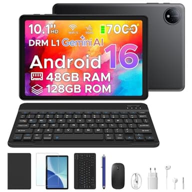 POPUX P10 Tablet 10 Pulgadas, 48GB RAM+128GB ROM, Tablet Android 16 con Gemini AI, 7000mAh, Unisoc T310 Quad-Core, 90Hz, 8MP+5MP, Altavoces Duales, Auriculares, Tablet con Teclado, Lapiz, Negra
