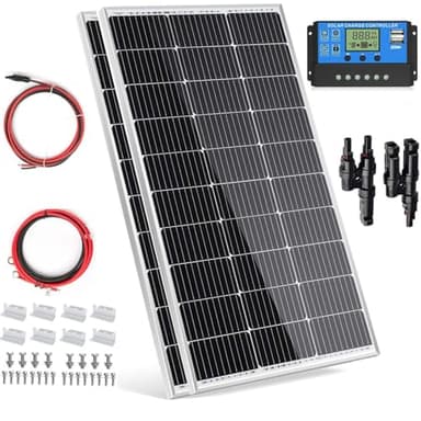 BOKENTIO Panel solar monocristalino de 200 W (2 x 100 W), kit de panel solar monocristalino de 12 V, 2 módulos solares de 100 W + regulador de carga de 20 A para carga de energía independiente de la