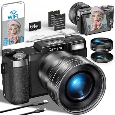 5K Cámara Digital, 64MP Camara de Fotos con WiFi, Tarjeta de 64GB, Enfoque Automático, Linterna Ajustable Pantalla Giratoria de 180° para Vlog y Principiantes, Objetivo Grande Angular y Macro 2 Pilas