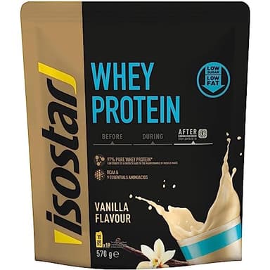 Isostar Whey Protein con BCAA y 9 Aminoácidos Esenciales – Proteína de Suero en Polvo, Bajo en Azúcares y Grasas, 22 g de Proteína por Batido – Sabor Vainilla, 570 g
