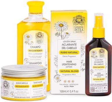 Camomila Intea - Tratamiento aclarador del cabello - Loción Aclarante Rubio Natural 100 ML + Champú Reflejos Rubios 250 ML + Mascarilla Reflejos Rubios 250 ML