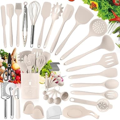 TWBEST Utensilios Cocina de Silicona,Antiadherente,No Tóxicas Resistentes Al Calor Utensilios De Cocina Antiadherente 56 Piezas + 20 Ganchos