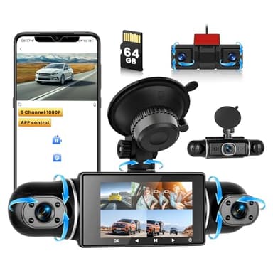 Hikity Dashcam 3" 1080P 5 Canales Tarjeta TF 64G Control a Través de la App WiFi Pantalla IPS, Visión Nocturna Gran Angular de 150°Vigilancia 24 Horas Grabación en Bucle, Corrección de la Exposición