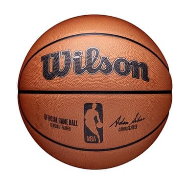 Wilson Balón de Baloncesto NBA Oficial de Juego para Venta al Público, Cuero Premium, Costura de Nivel NBA y Retención de Aire Superior, Diseño de Emblema Oficial, Color: Marrón, Talla: 7