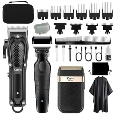 KEMEI Cortapelos profesional para hombres, inalámbrico completo de peluquería con cuchilla en T, kit completo de corte de pelo eléctrico con 9 guías, recargable por USB
