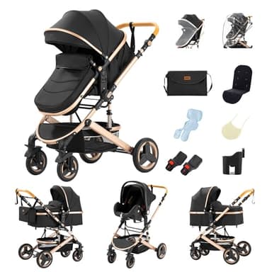 GLOKID Cochecito para bebé 3 en 1 - Sistema de viaje versátil, para uso desde el nacimiento hasta los 3 años - Combinación de cochecito, cuna - Incluye bolsos de mamá, tapa(H530W Nero)
