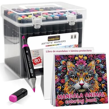 Rotuladores Alcohol 80 Colores y Libro de Mandalas para Colorear - Rotuladores Profesionales con Doble Punta y Tinta de Calidad - Rotulador con Base de Alcohol Lettering - Incluye Lámina protectora