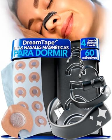 DreamTape® Tiras Nasales Magnéticas Premium – 4 Bandas de Silicona + 60 Parches Magnéticos – Tira Nasal con Imanes para la Nariz – Antirronquidos – Magnetic Nose Strip – 30 Usos (Kit + 60 tabs)