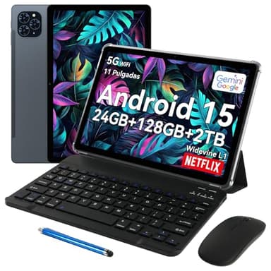 TABWEE T90 Tablet 11 Pulgadas Android 15 - Gemini Ai, 8000mAh, 24GB RAM+128GB ROM/2TB TF, Octa-Core T615, 2GHz Tableta, Widevine L1/5G WiFi/5MP+13MP/ Facial ID/GPS/BT5.0/ Tablet con Teclado y Ratón