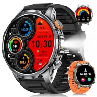 Reloj Inteligente Hombre Militar con 1000mAH/LED Linterna, 1.91”AMOLED Smartwatch con Llamadas, 5 ATM Impermeable/110+ Modos Deportivos/SpO2/Pulsómetro/Sueño, Pulsera Actividad para Android iOS Negro