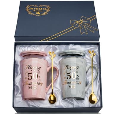 YIKILYLIFE Regalos 50 Aniversario Boda, Regalos para Bodas de oro 2PCS Tazas 400ml, 50 Aniversario Bodas or-o, Bod-as de 50 Aniversario Cerámica Jaspeada Taza con Cucharas, Tarjetas, Cajas de Regal-o