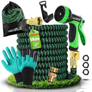 Verdiflux Manguera Jardin 15 metros Premium con 10 Funciones de Riego, Manguera Extensible sin Fugas, de Alta Resistencia y Muy Ligera con Conectores 3/4" y 1/2" y 2 Guantes Incluidos, Color Verde