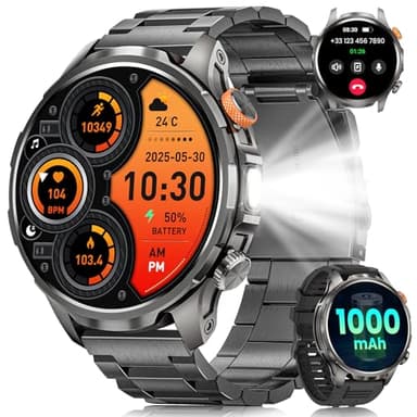 Reloj Inteligente Hombre Militar con Llamadas, 1000mAh Smartwatch Hombre con 1,91" AMOLED/5ATM Impermeable/LED Linterna/110+ Modos Deportivos/SpO2/Pulsómetro/Sueño/Pulsera Actividad Android iOS Negro