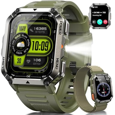 IOWODO Smartwatch Hombre Militar 2.01" - Llamadas Bluetooth, 20 Días Batería, 123 Modos Deporte, Monitor Cardíaco/SpO2/Sueño, IP68, Linterna LED, iOS Android (2 Correas)