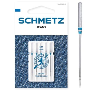 SCHMETZ | 5 Agujas para máquinas de coser | Jeans | 130/705 H-J | Grosor 110/18 | Adecuadas para trabajos de costura en pantalones vaqueros y similares