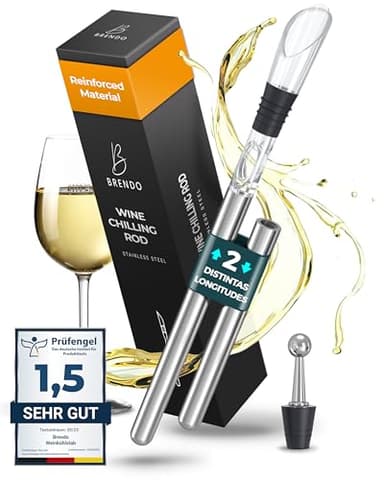 Brendo Enfriador de Botellas de Vino 4 en 1 – Varillas Enfriadoras de Acero Inoxidable en 2 Longitudes + Vertedor + Decantador + Tapón | Set de Regalo para Hombres y Mujeres | Accesorios para Vino