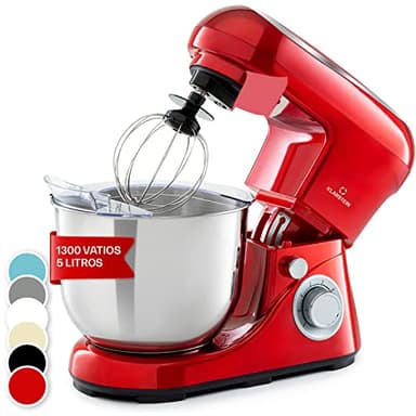 Klarstein Batidora Amasadora con Bol 5L para Hornear, Robot Cocina, Amasadora Reposteria 1300W, Gancho y Bol para Mezclar, Electrodomesticos Cocina Varillas Rotación Planetaria con 6 Velocidades