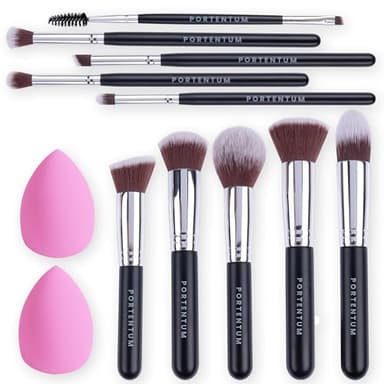 PORTENTUM Brochas de Maquillaje profesional – Set 10+2 Piezas – Para Base Polvos Colorete Contorno – con Esponjas