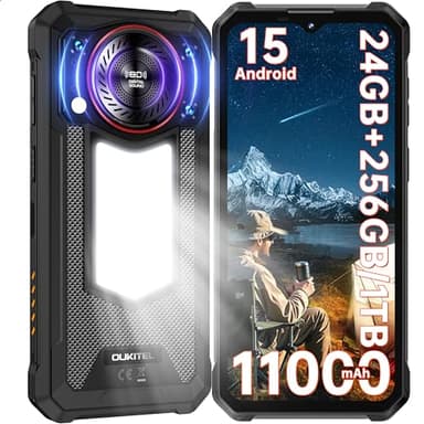 OUKITEL WP53 Pro Movil Irrompible Android 15-24GB+256GB (1TB TF) Móvil Rugerizado con Luz de Camping, Batería 11000mAh, Altavoz de 128dB, 6.52'' HD+, 50MP+8MP, Face ID, Dual 4G SIM/NFC/GPS, Nergo