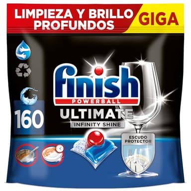 Finish Powerball Ultimate Infinity Shine, pastillas para el lavavajillas con poder quitagrasas y protección del cristal, 2 packs de 80, total 160 Pastillas