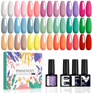Phoenixy 24Pcs Esmaltes Semipermanentes para Uñas 21 Colores Vibrantes U V/LED Pintauñas Semipermanentes con Base Top Coat Brillante y Mate Kit de Decoración de Uñas DIY