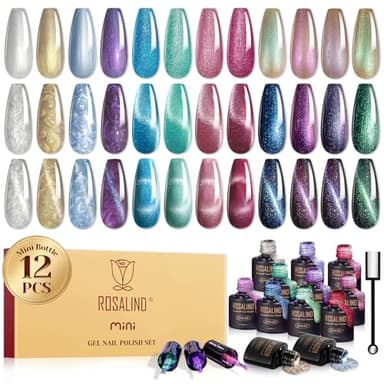 ROSALIND Esmaltes Semipermanentes Ojo Gato, 12 Color Pintauñas Semipermanentes Cat Eye Gel Magnético Kit con Imán, Soak Off UV LED Esmalte Uñas Magnético Nail Art Manicure Regalo