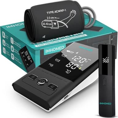 IMHOMED Tensiometro de Brazo Digital+Termometro Digital PACK PREMIUM, Uso Médico Validado, Doble Alimentación USB-C, Voz en Español, Pantalla HD, Medición Precisa Presión Arterial y Temperatura.