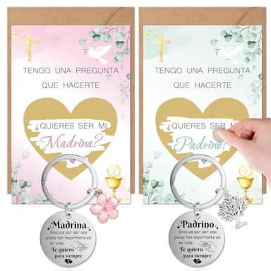 HOWAF Regalos para Madrinas y Padrinos, Tarjetas Quieres Ser Mi Madrina y Padrino & Llavero Tarjetas de Bautizo de Rascar con Sobre Regalos Padrinos Madrinas Bautizo