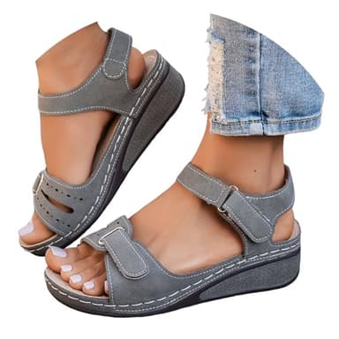 Sandalias ortopédicas para mujer, zapatos ortopédicos para mujer, fascitis plantar, puntera abierta, correa de tobillo, cuña cómoda, sandalias de cuero con soporte de arco para verano, gris, 40 EU