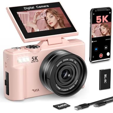Cámara Digital 5K 75MP Camara de Fotos Digital para Vlogging con WiFi, Tarjeta de 64GB, Zoomdigital18X, Pantalla LCD de 3,0" con Rotación de 180° Selife Cámara Compacta para Principiantes As Gift Pink