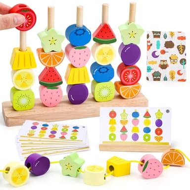 GiddyGlow Juguetes de Madera Montessori para Niños 2 3 4 Años： Juego Educativo con Ensartar Cuentas y Apilar Bloques para Motricidad Fina + Regalo Niña Niño 2-5 Años