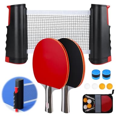 BBWELL Sets de Ping Pong,2 Raquetas de Ping Pong,4 Pelotas (2 Amarillas,2 Blancas),Red Plegable,2 Cintas para el Mango y Bolsa de Transporte,Set Completo portátil,Ideal para Interior y Exterior