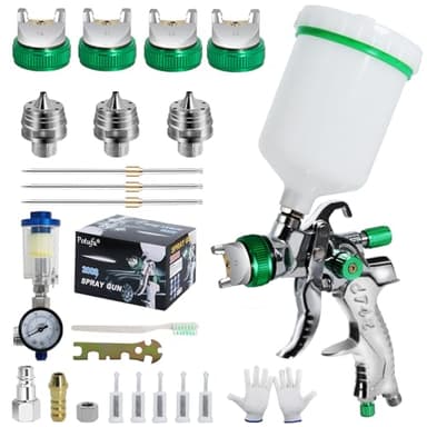 Potufa Pistola Pintura HVLP con Compresor, 4 Boquillas (1.4/1.7/2.0/2.5 mm), Pistola Pulverizadora Profesional por Gravedad con Vaso de 600 ml - para Coche, Madera, Paredes - Verde