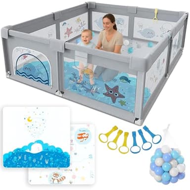 Parque Infantil Bebe 150x180cm + Alfombra Bebe + 60 Bolas + Agarraderas + Bolsas de Transporte – Corralito Bebe con Malla Transpirable – Parque de Juegos Bebe – Playpen Bebe