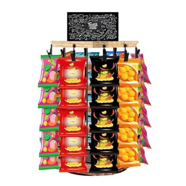 Aufbnach Soporte Expositor Organizador De Snacks, Expositor De Snacks Para Tiendas Con Organizador, 5 Niveles 40 Pinzas Con Base De Madera Y Tablero Para Mensajes, Rotatorio Para Mostrador De Cocin