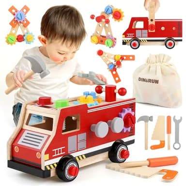 DINORUN Herramientas Juguete, Caja Herramientas Juguetes de Madera Cumpleaños Regalo Juego Educativo para Niños Niñas 2 3 4 5 Años (47Piezas)